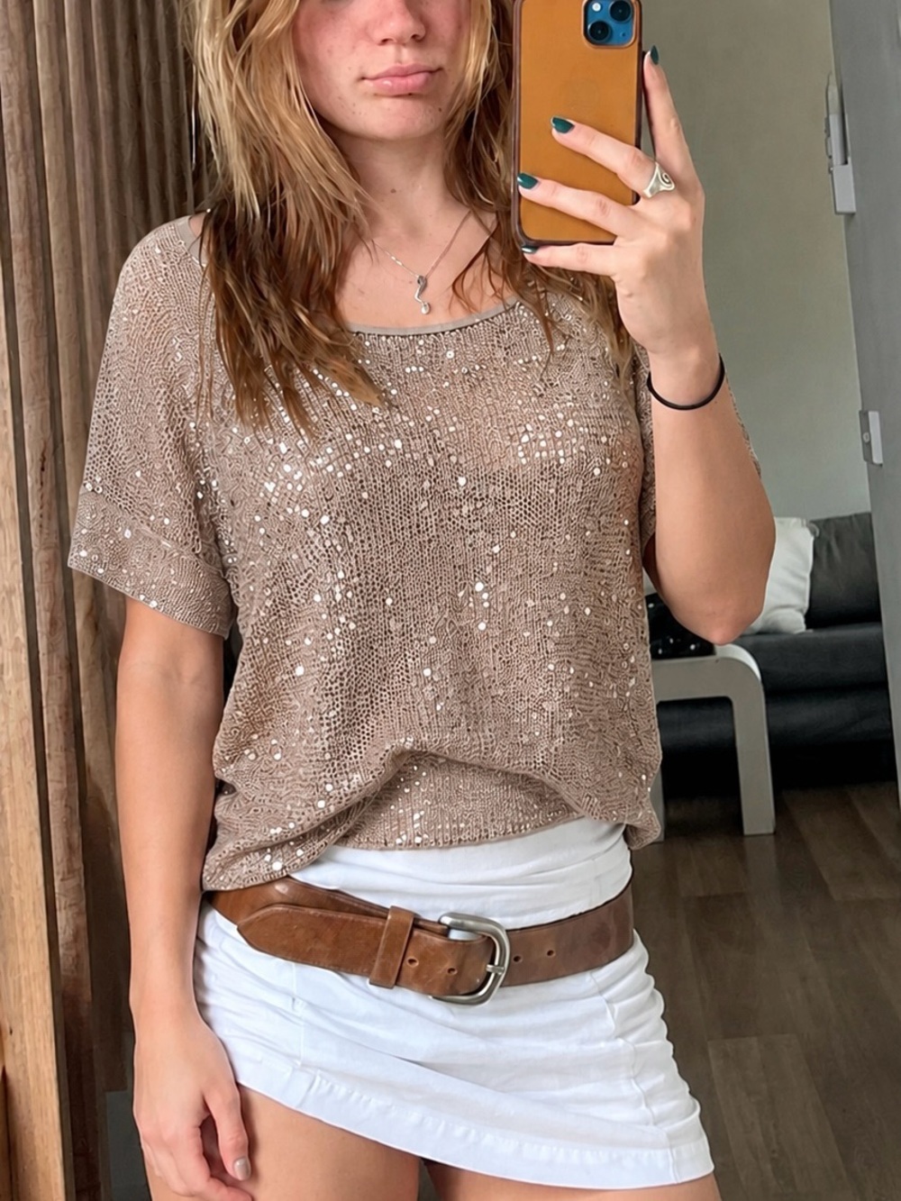 Beige Sequin Sheer Open-Knit Crochet Y2K Festival Going-Out Top